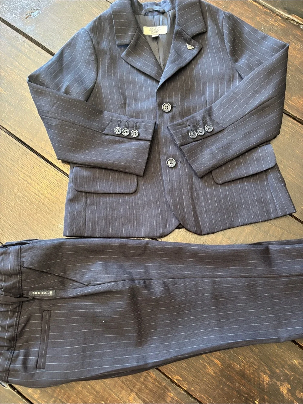 Giorgio Armani Baby Brown Pinstripe Blazer with Gold Emblem
